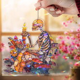 Skeleton Acrylic Suncatcher, Stained Glass Style Reading Skeleton with Candle, Gothic Halloween Window Hanging, Spooky Book Lover Gift